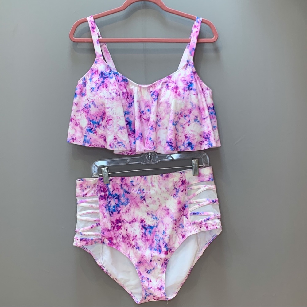 TORRID pink purple tie dye flounce matching bikini set, 1X. - Picture 4 of 8